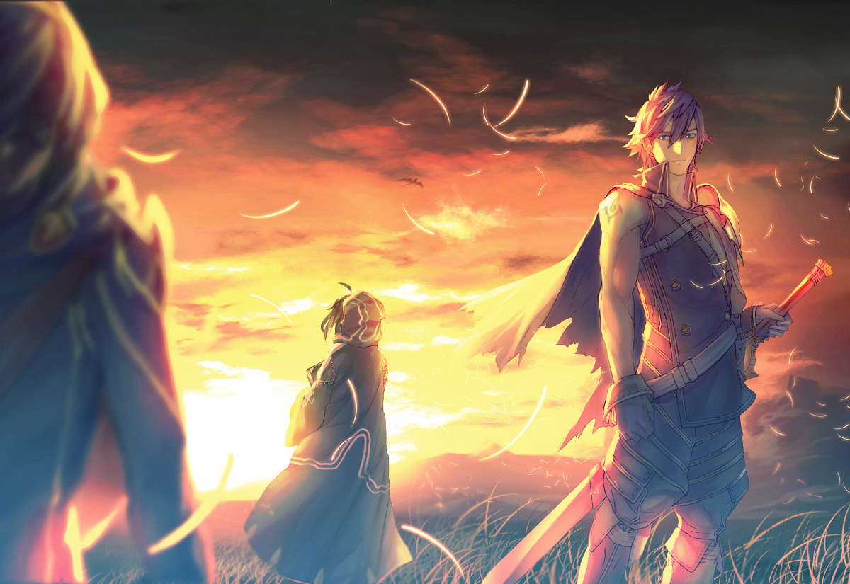 armor, blue_eyes, blue_hair, cape, chrom_(fire_emblem), clouds, fire_emblem, kitsune_(artist)