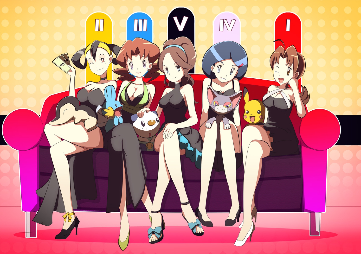 breasts, cleavage, cyndaquil, delia_ketchum, dress, glameow, mudkip, oshawott