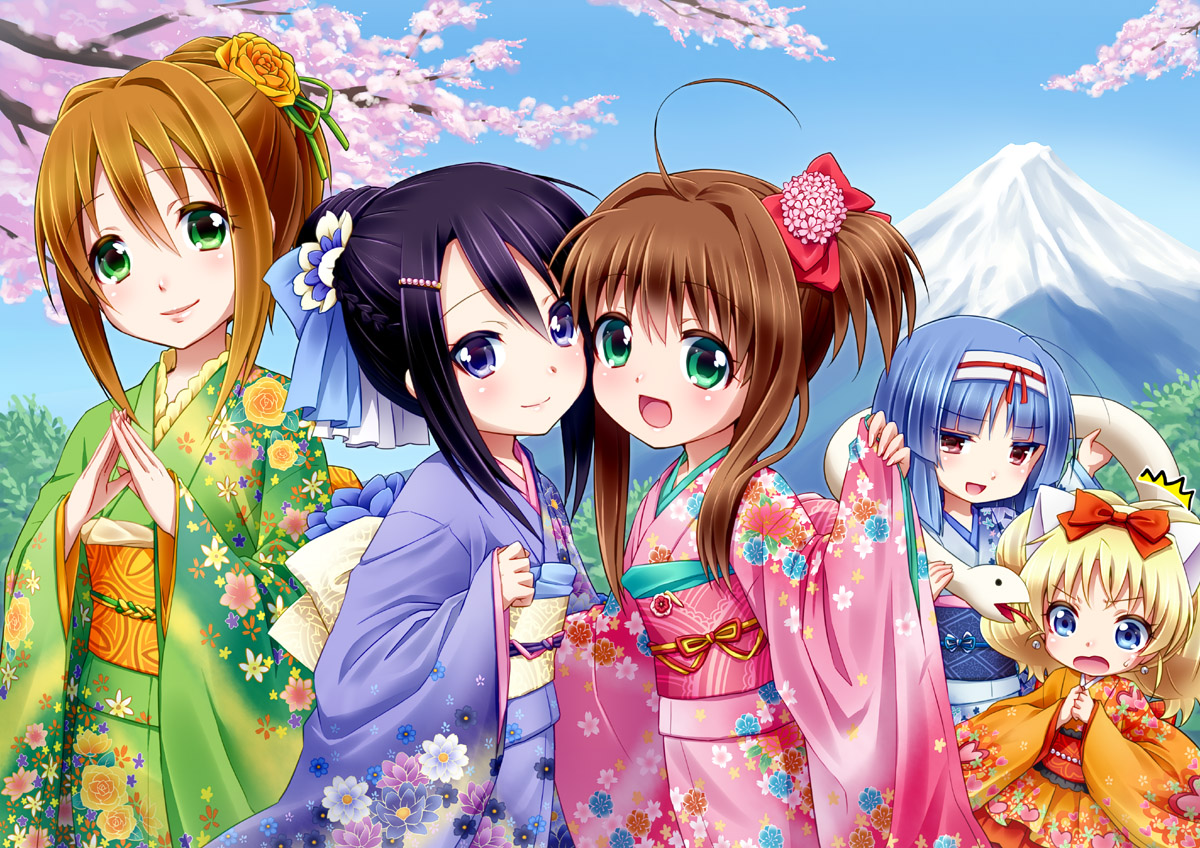 blonde_hair, cherry_blossoms, flowers, japanese_clothes, jewelpet, jinnai_alma, kimono, loli, lolita_fashion, miria_marigold_mackenzie, sakura_akari, sakura_monica, sara_(jewelpet), tagme, yuu_(derodero)