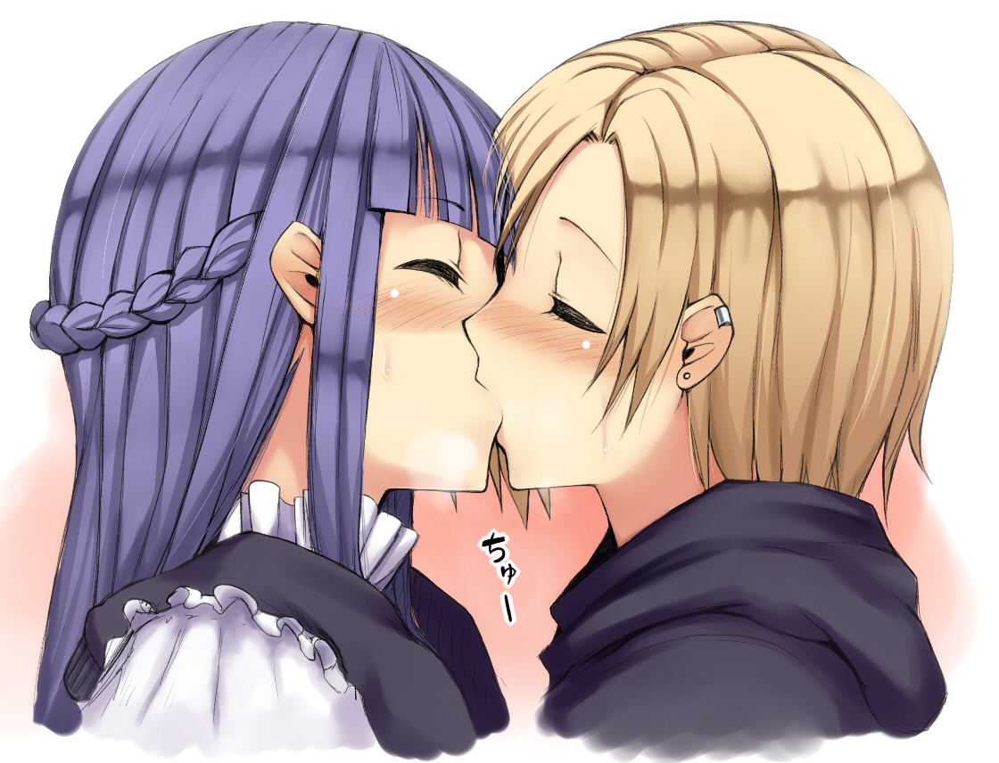 2girls, blush, idolmaster, idolmaster_cinderella_girls, kamata_yuuya, kiss, sajou_yukimi, shirasaka_koume, shoujo_ai