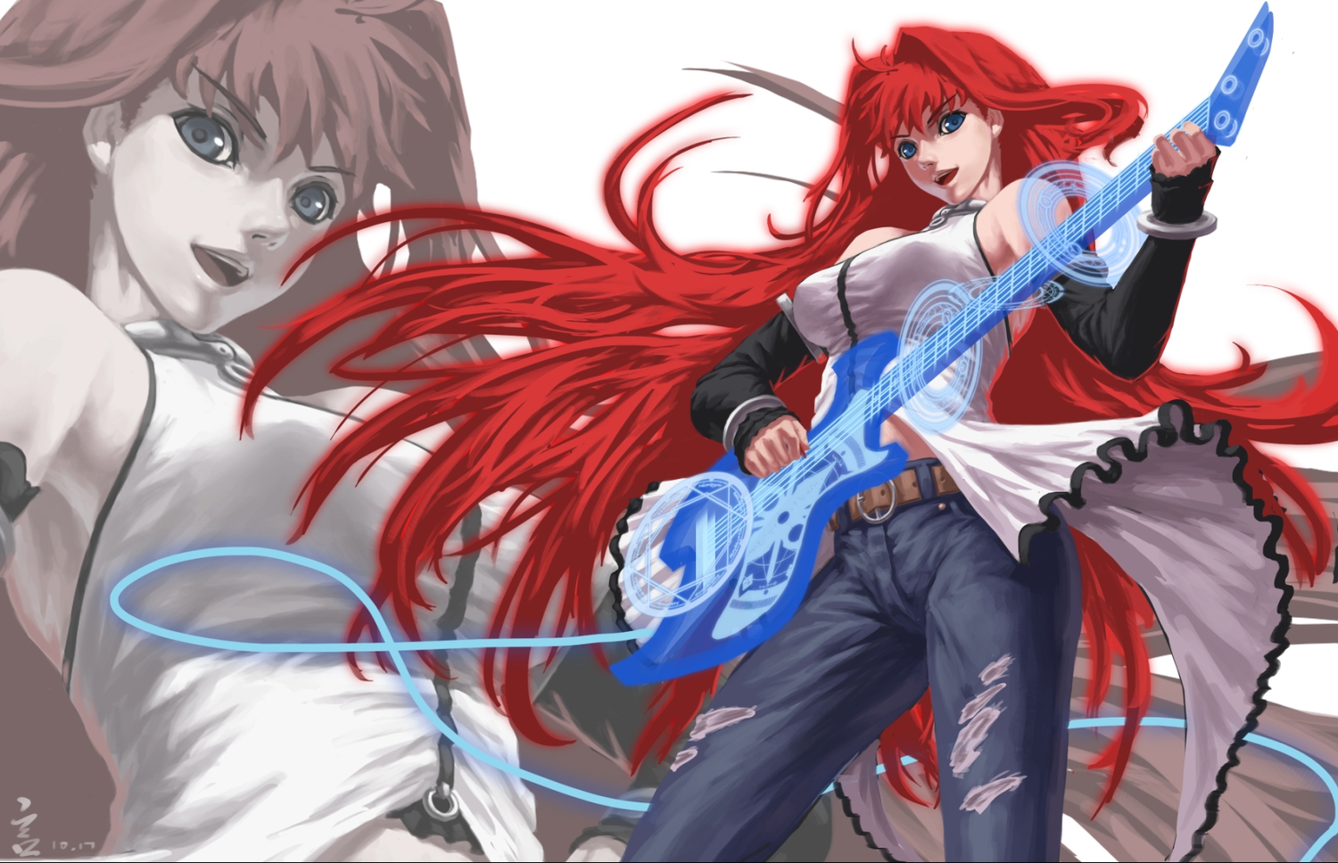 aozaki_aoko, blue_eyes, feitie, guitar, instrument, long_hair, magic, mahou_tsukai_no_yoru