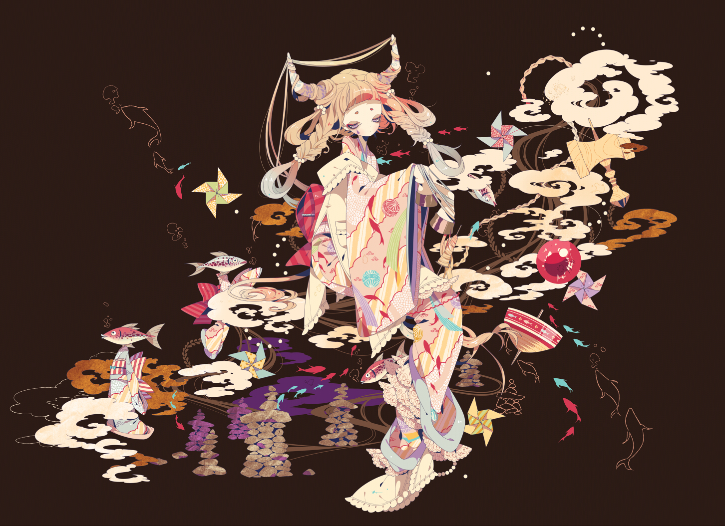 animal, fish, horns, japanese_clothes, original, shikimi_(yurakuru)