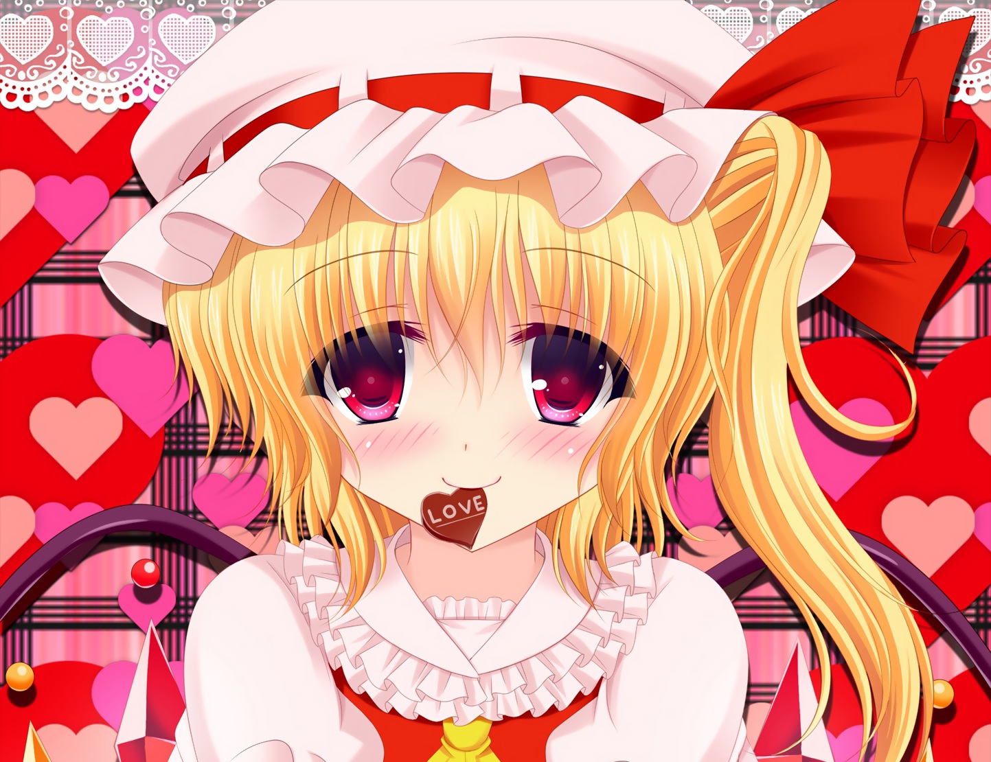 blonde_hair, blush, candy, chocolate, flandre_scarlet, red_eyes, shimotsuki_keisuke, short_hair