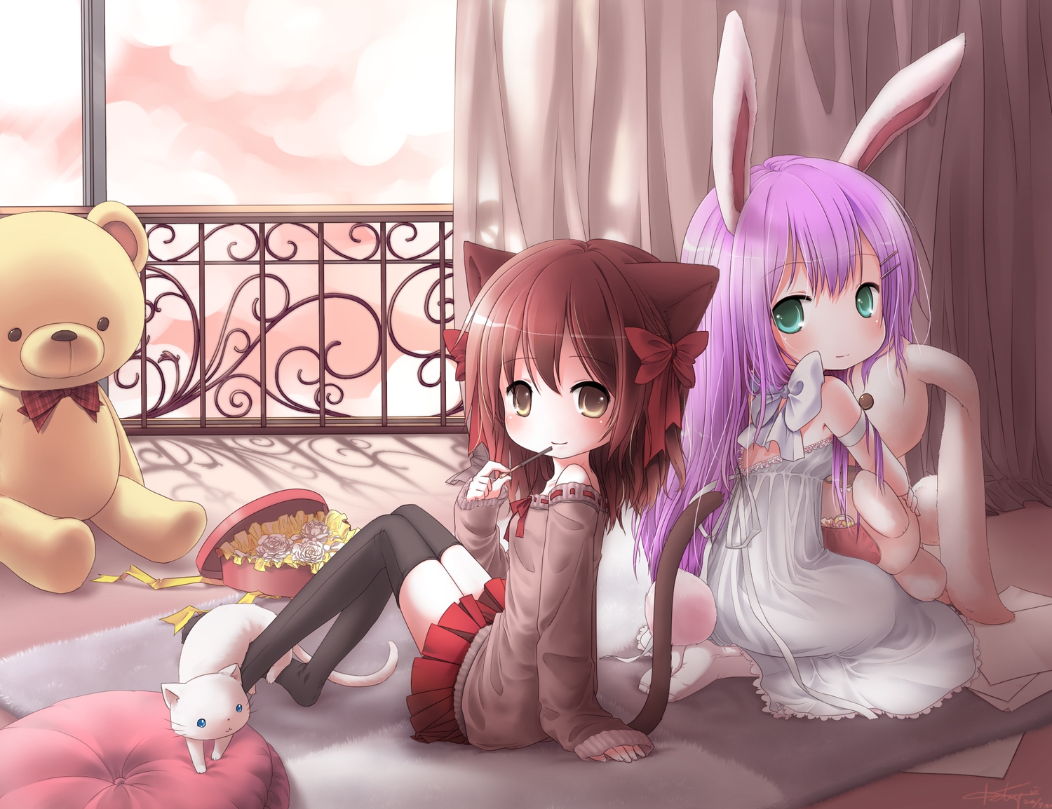 2girls, animal, animal_ears, bow, brown_eyes, bunny_ears, bunnygirl, cat, catgirl, green_eyes, keluy, loli, original, purple_hair, teddy_bear