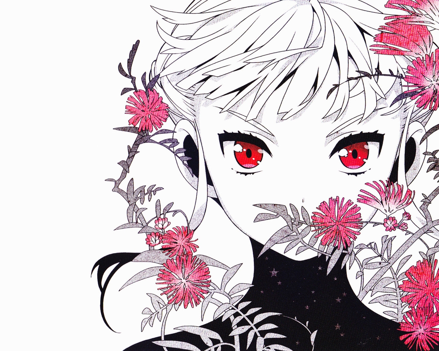 euphoria, flowers, jpeg_artifacts, manaka_nemu, red_eyes, white
