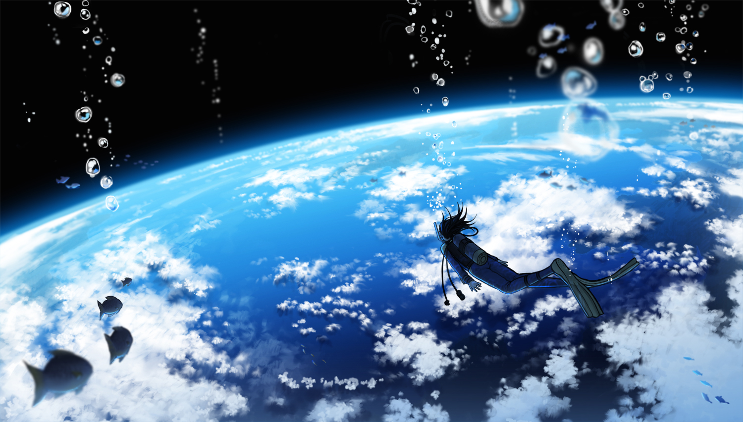 amemura_(caramelo), animal, bubbles, clouds, fish, original, space, water