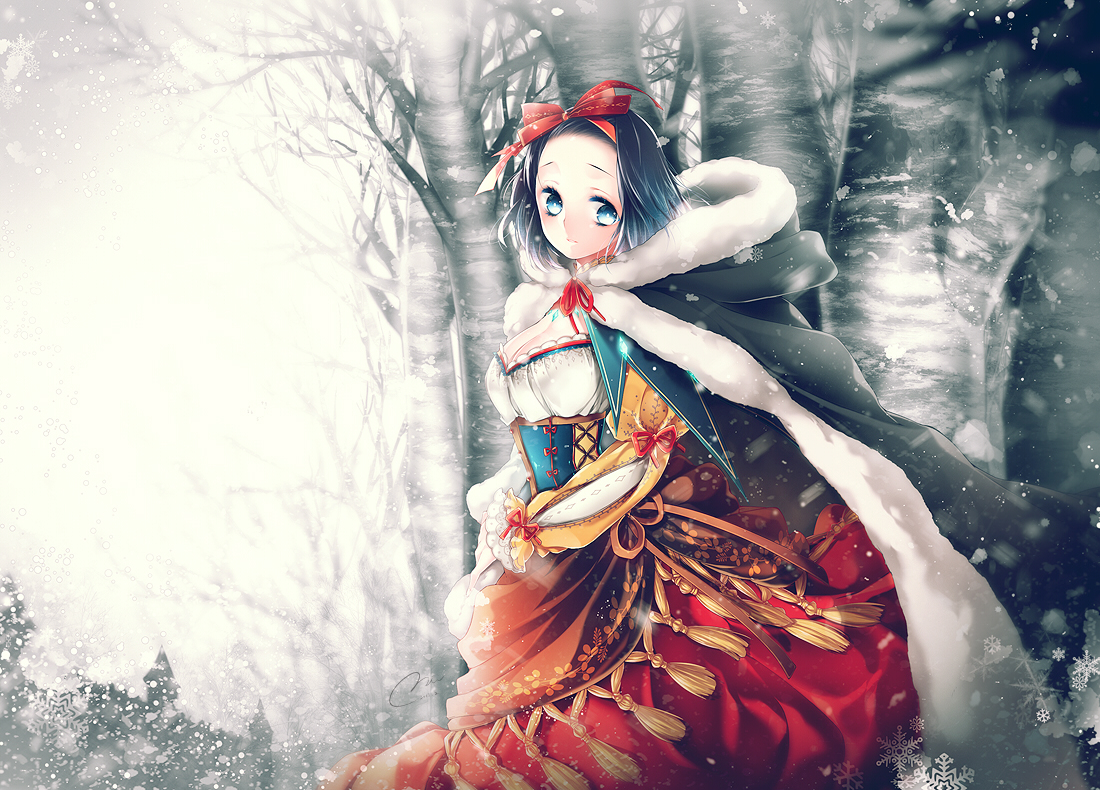 blue_eyes, bow, breasts, cleavage, dress, forest, mirunai, original