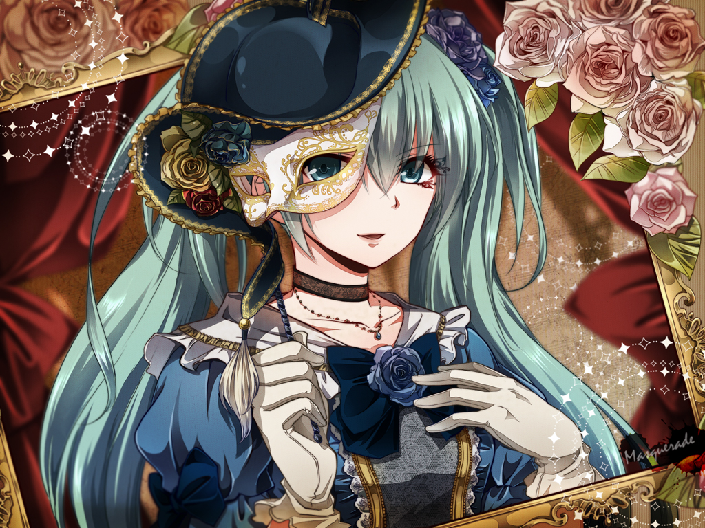 flowers, gloves, hat, hatsune_miku, mask, necklace, rose, tsujiori, vocaloid