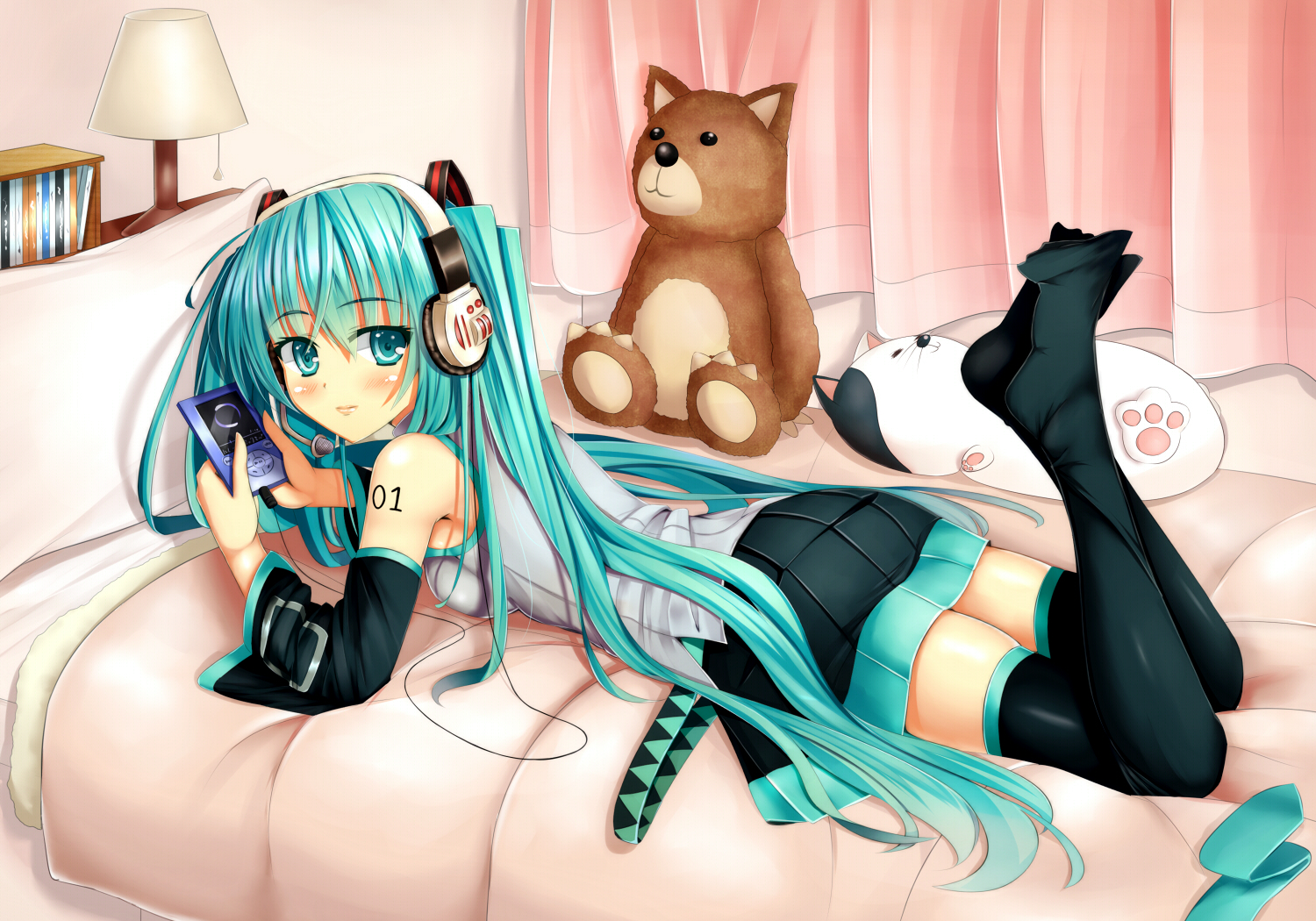 aqua_eyes, aqua_hair, bed, blush, cafeore, hatsune_miku, headphones, teddy_bear, thighhighs, vocaloid