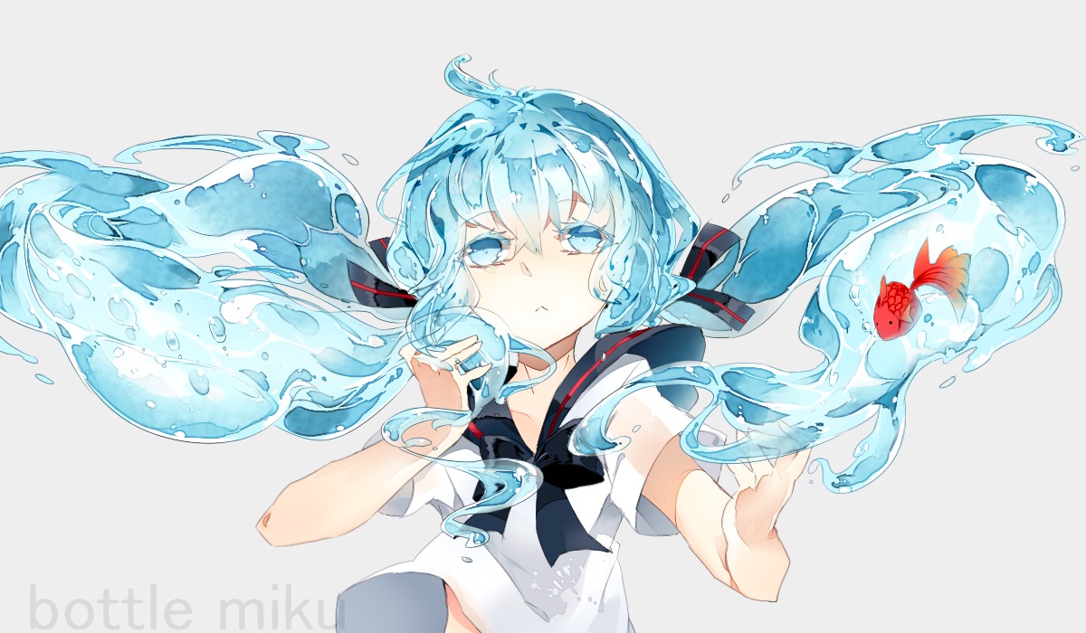 animal, blue_eyes, blue_hair, bottle_miku, fish, hatsune_miku, rooseputo_02, vocaloid