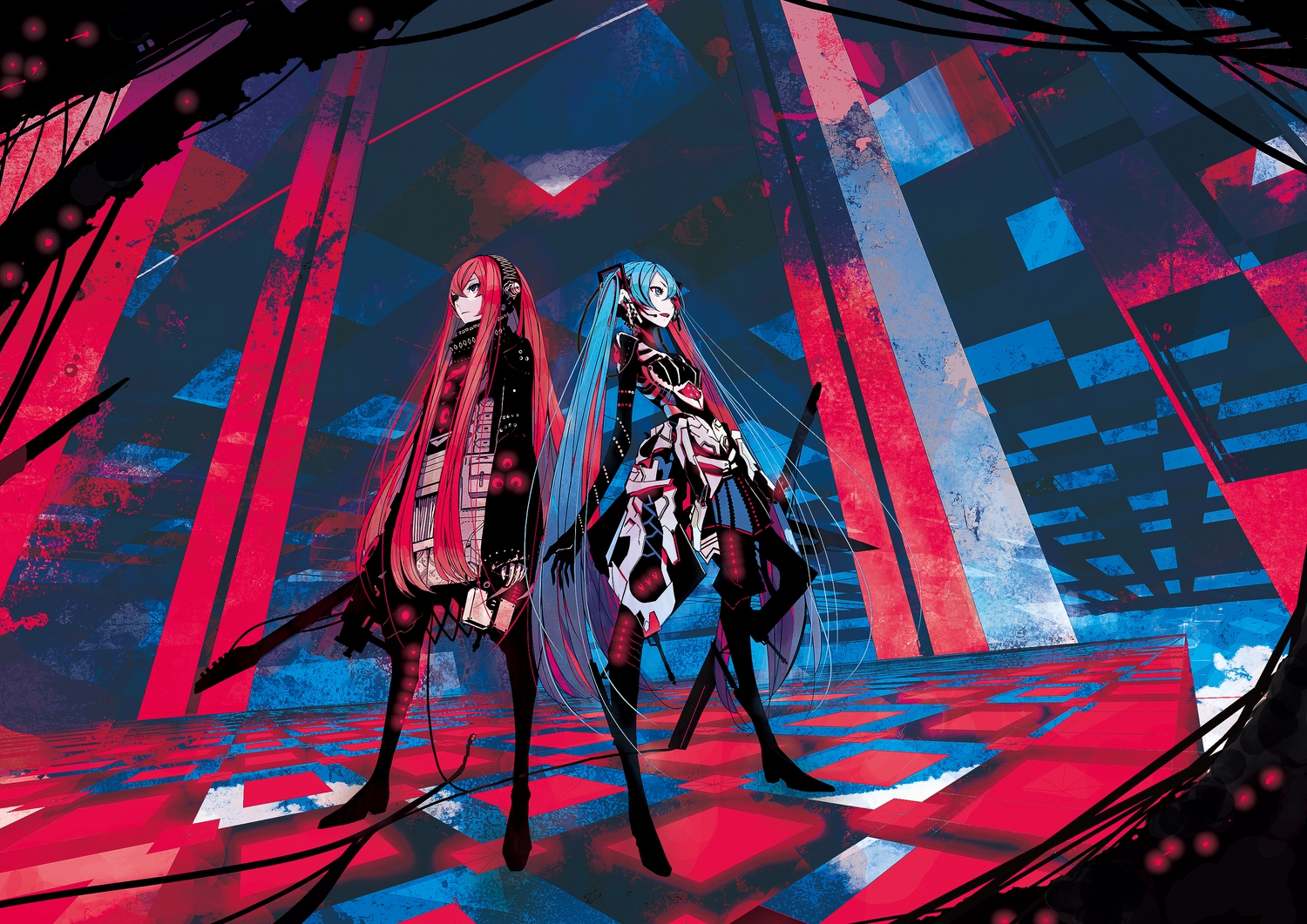 2girls, blue_eyes, blue_hair, guitar, hatsune_miku, headphones, instrument, long_hair, megurine_luka, palow, red_eyes, red_hair, twintails, vocaloid