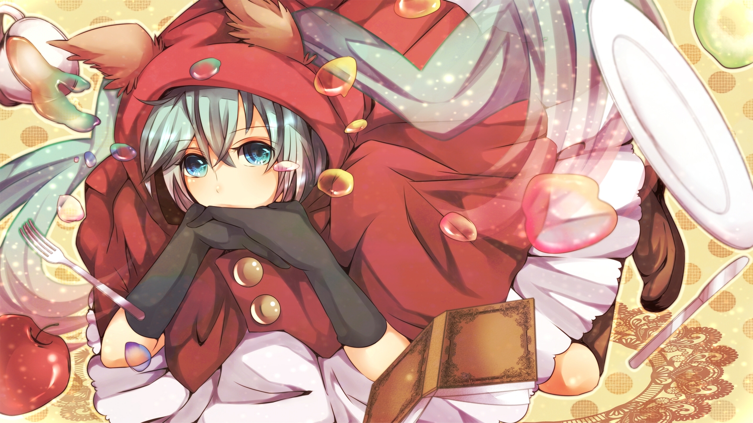 animal_ears, apple, aqua_eyes, aqua_hair, blush, book, bubbles, dress, food, fruit, gloves, hatsune_miku, pecotank, twintails, vocaloid