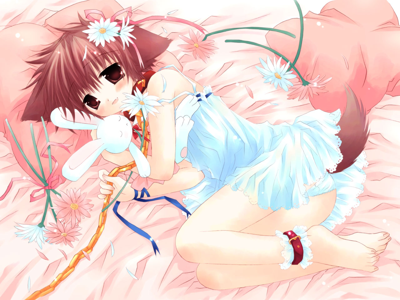animal_ears, bed, chain, collar, doggirl, hinata_(pure_pure), pure_pure, sakurazawa_izumi