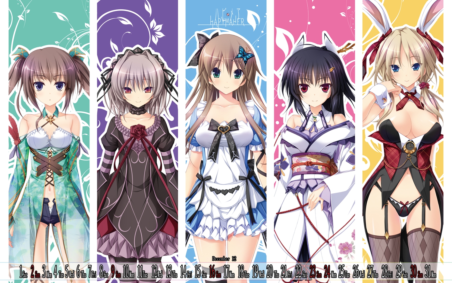 animal_ears, bunny_ears, bunnygirl, calendar, goth-loli, hapymaher, hasuno_saki, hirasaka_keiko, japanese_clothes, koku, lolita_fashion, naitou_maia, purple_software, toriumi_arisu, tsukimori_hiro, yayoi_b_lutwidge, yukata