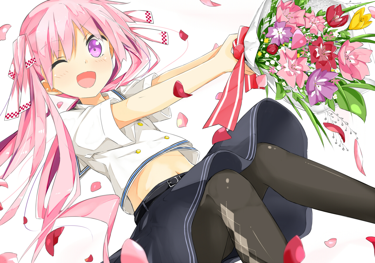 flowers, kitsune_(scaz), long_hair, navel, pantyhose, petals, pink_hair, purple_eyes
