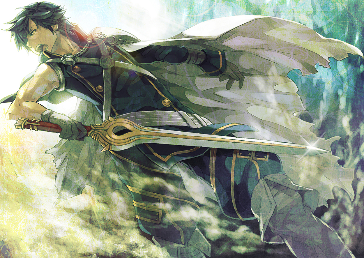 all_male, armor, blue_eyes, blue_hair, cape, chrom_(fire_emblem), fire_emblem, gloves, keiko_rin, male, sword, weapon