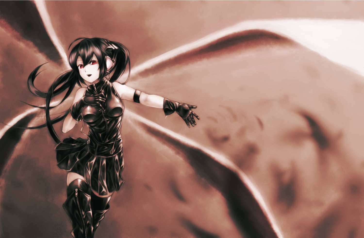 black_hair, gloves, hatsune_miku, mstm, red_eyes, vocaloid