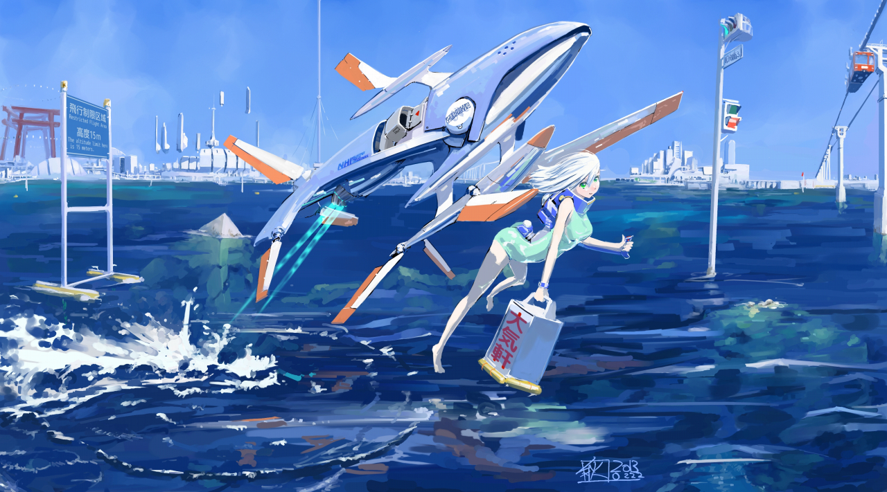 chitose_shuusui, green_eyes, mecha, original, water, white_hair