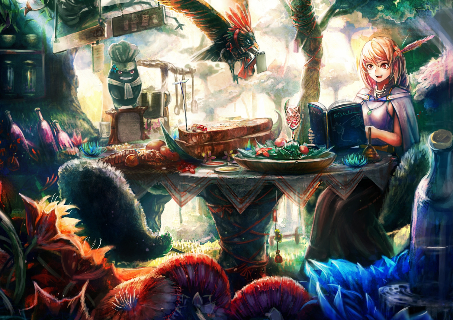 animal, bird, blonde_hair, book, cape, dress, drink, feathers, food, jinichi, original, red_eyes
