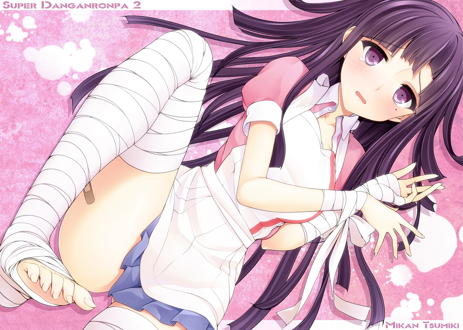 apron, bandage, bandaid, dangan-ronpa_2, long_hair, purple_eyes, purple_hair, skirt, suzume_miku, tsumiki_mikan