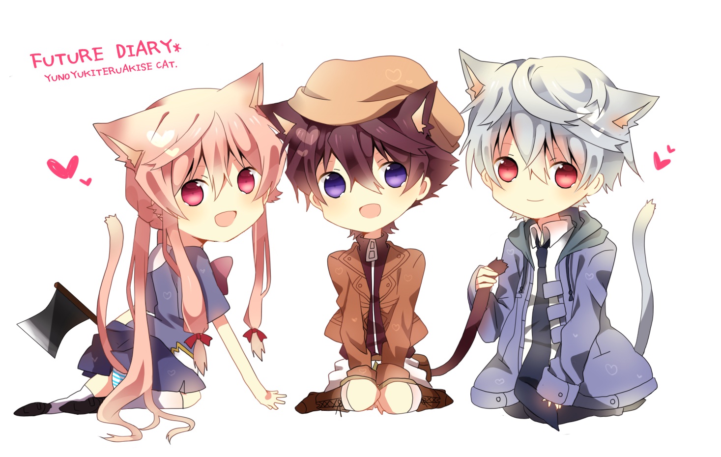 akise_aru, amano_yukiteru, animal_ears, catboy, catgirl, chibi, gasai_yuno, male