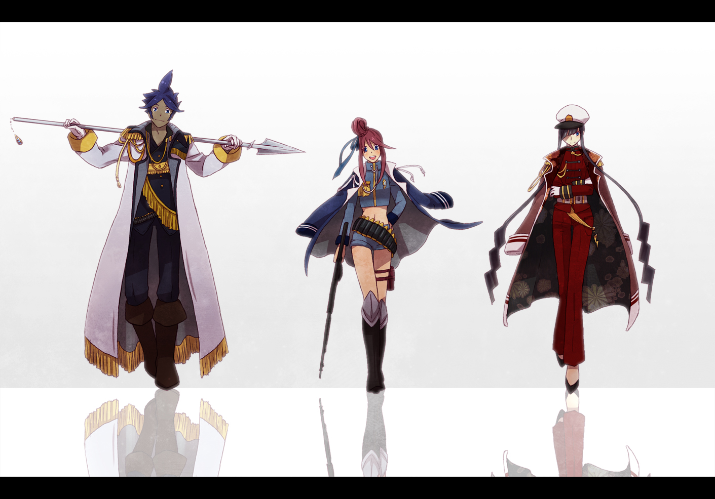 black_hair, blue_eyes, blue_hair, boots, fuuro_(pokemon), gun, kamitsure, noah_0628, pokemon, red_hair, shizui_(pokemon), twintails, uniform, weapon