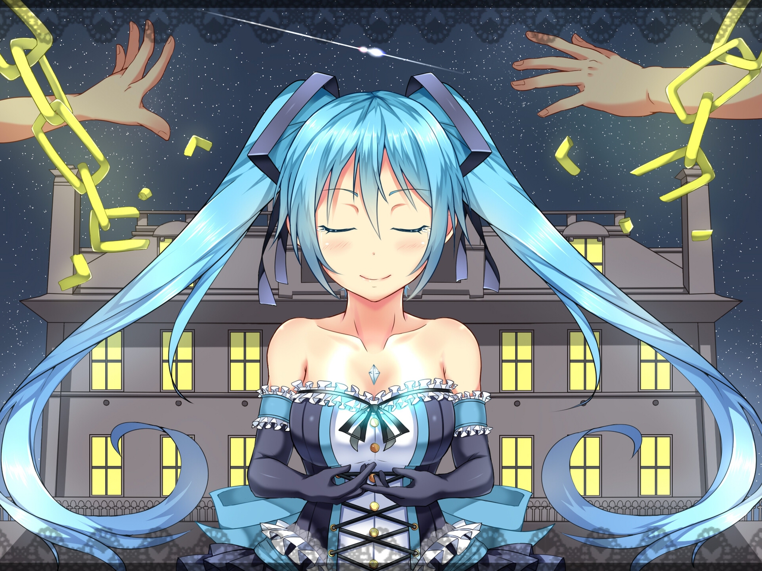aqua_hair, blue_hair, blush, chain, dress, elbow_gloves, gloves, hatsune_miku, long_hair, shimeno_puni, twintails, vocaloid