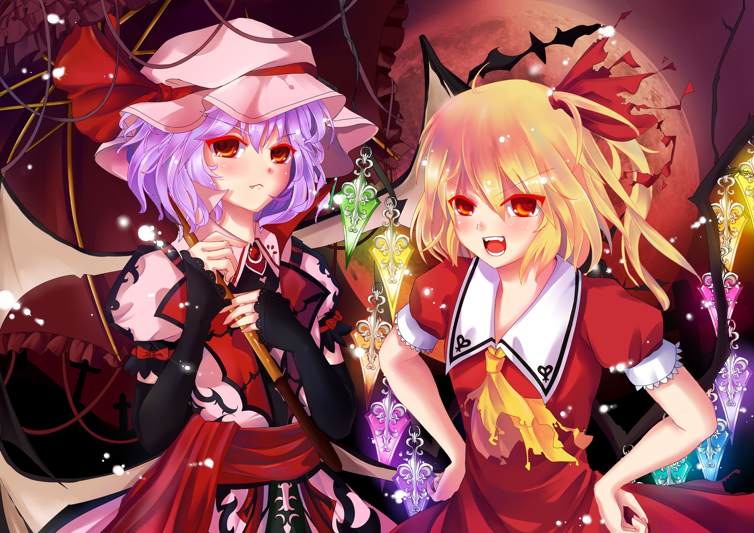 2girls, blonde_hair, dress, fang, flandre_scarlet, hat, koumajou_densetsu, moon, pandako, purple_hair, red_eyes, remilia_scarlet, touhou, umbrella, vampire, wings
