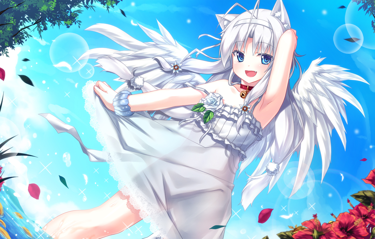 animal_ears, bell, blue_eyes, catgirl, collar, dress, feathers, flowers