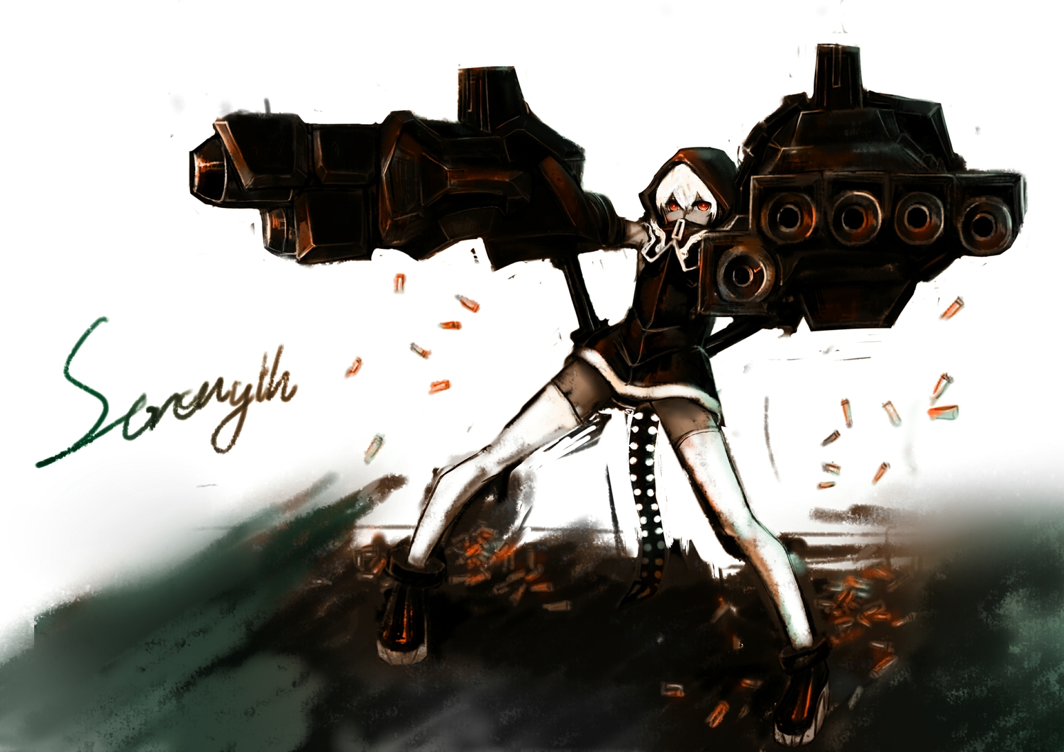 black_rock_shooter, dark_skin, for_the_flandre, hood, koutari_yuu, orange_eyes, short_hair, tail