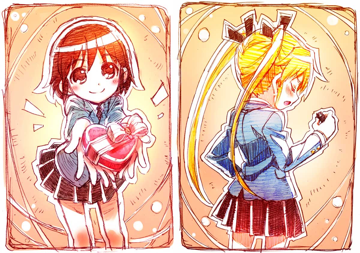 2girls, blonde_hair, brown_hair, candy, chocolate, kill_me_baby, oribe_yasuna, school_uniform