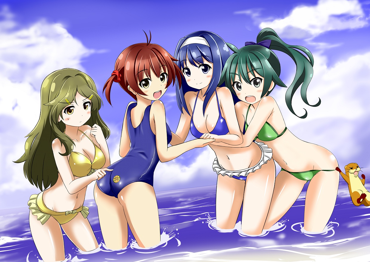 bikini, blue_eyes, blue_hair, blush, breasts, brown_eyes, brown_hair, cleavage
