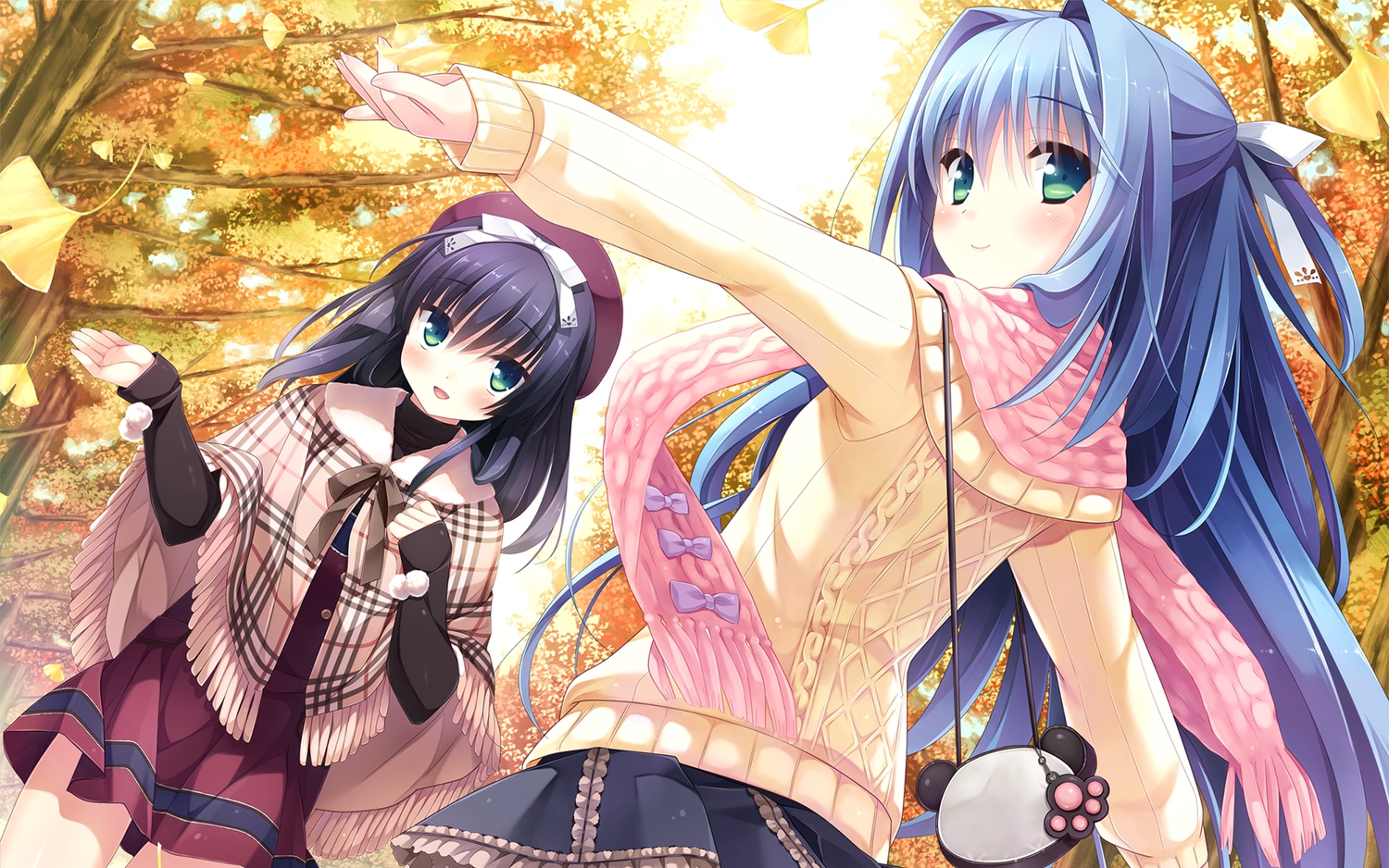 2girls, autumn, black_hair, blue_hair, blush, bow, cube, green_eyes
