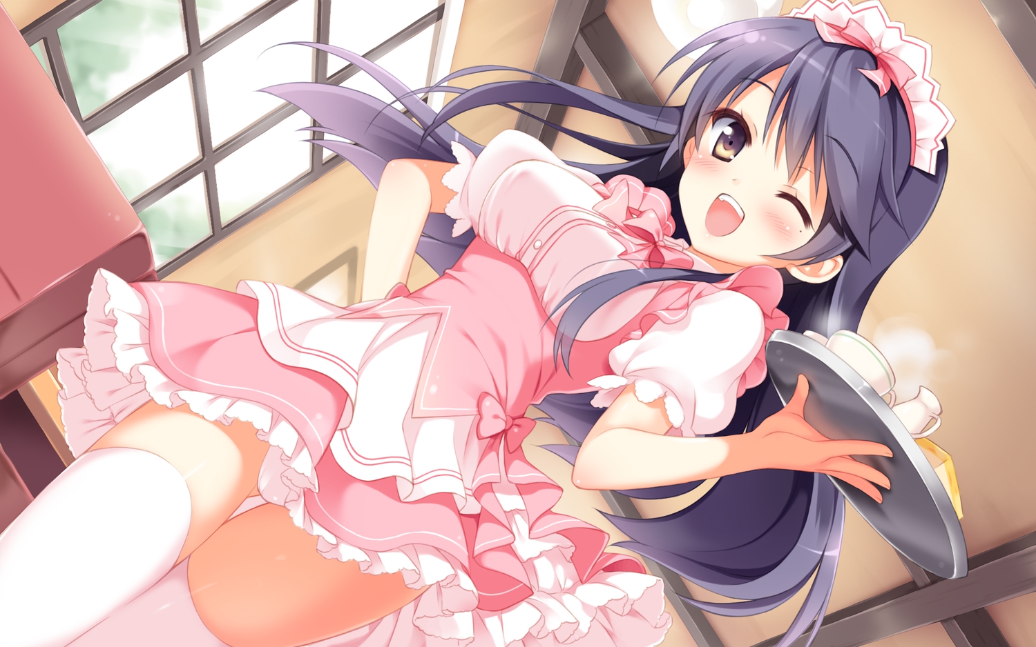 cafe_sourire, cuffs_(studio), pan_(mimi), panties, skirt, thighhighs, underwear, upskirt, waitress, wink, yukishita_miyuri