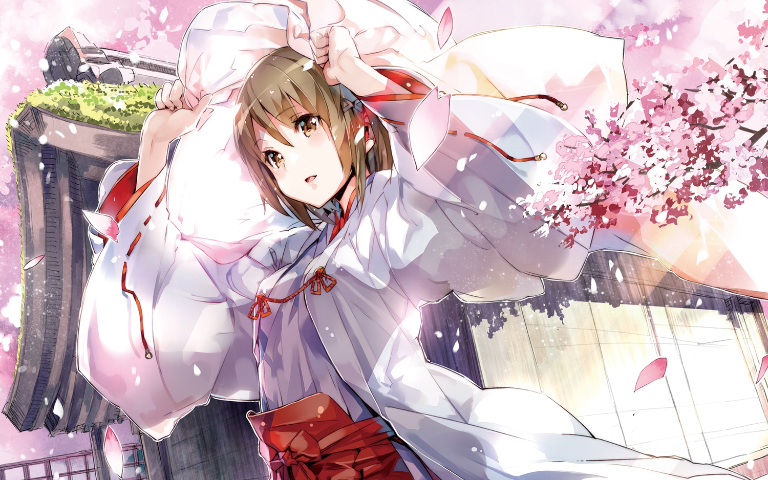 amatsume_akira, cherry_blossoms, flowers, japanese_clothes, miko, petals, sphere, yosuga_no_sora