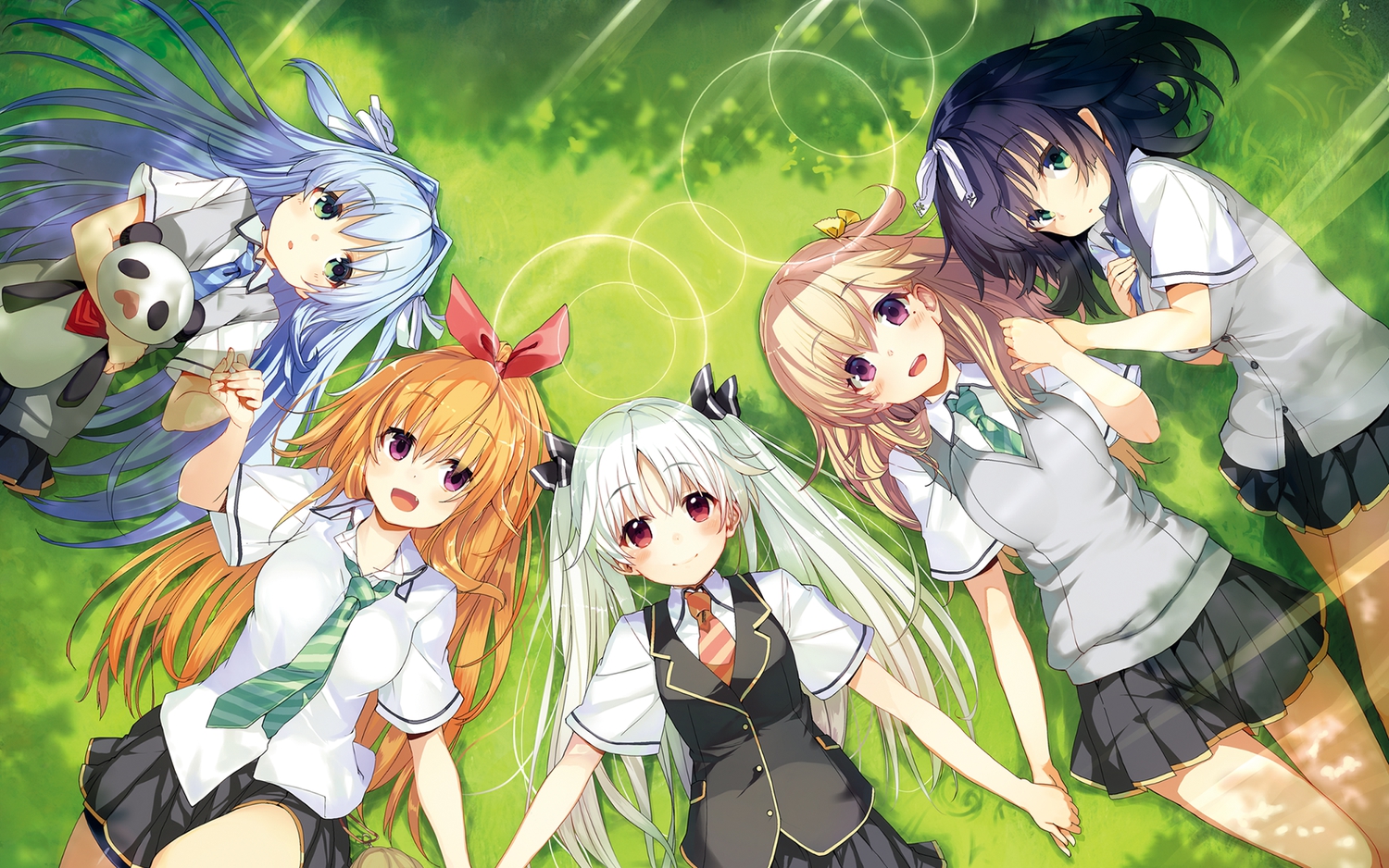 cube, grass, group, kurano_ema, kurano_izumi, kurano-kunchi_no_futago_jijou, kurano_mikoto, kurano_tomoka, kurano_yae, school_uniform, shirabi_(life-is-free), teddy_bear, tie