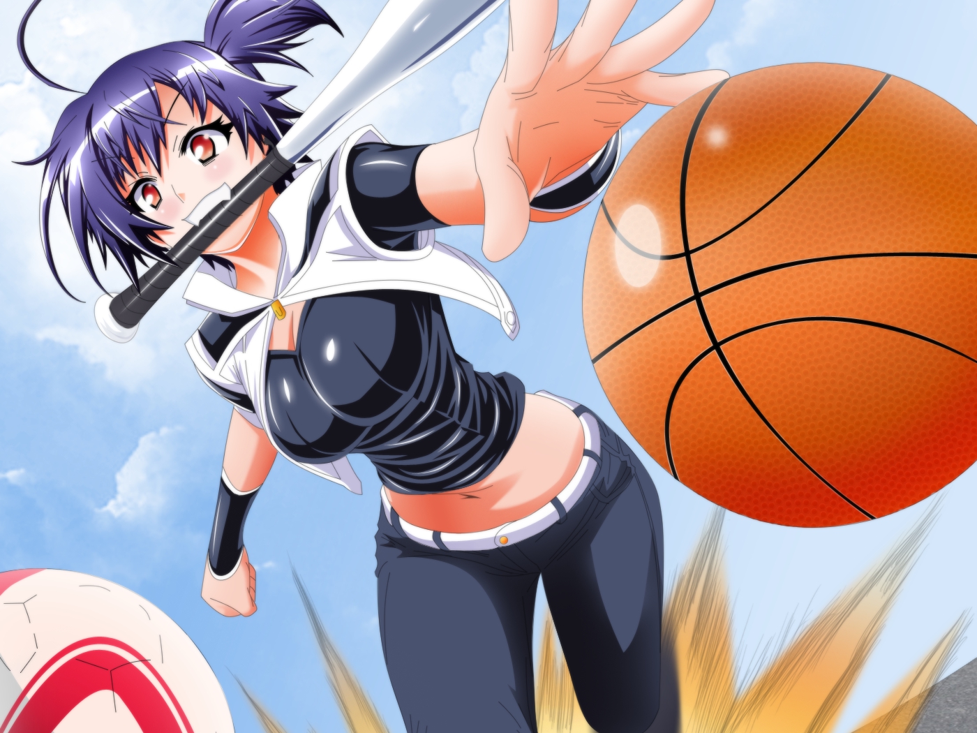 ball, baseball_bat, basketball, blue_hair, fang, kurokami_medaka, medaka_box, sport, stormbrigader