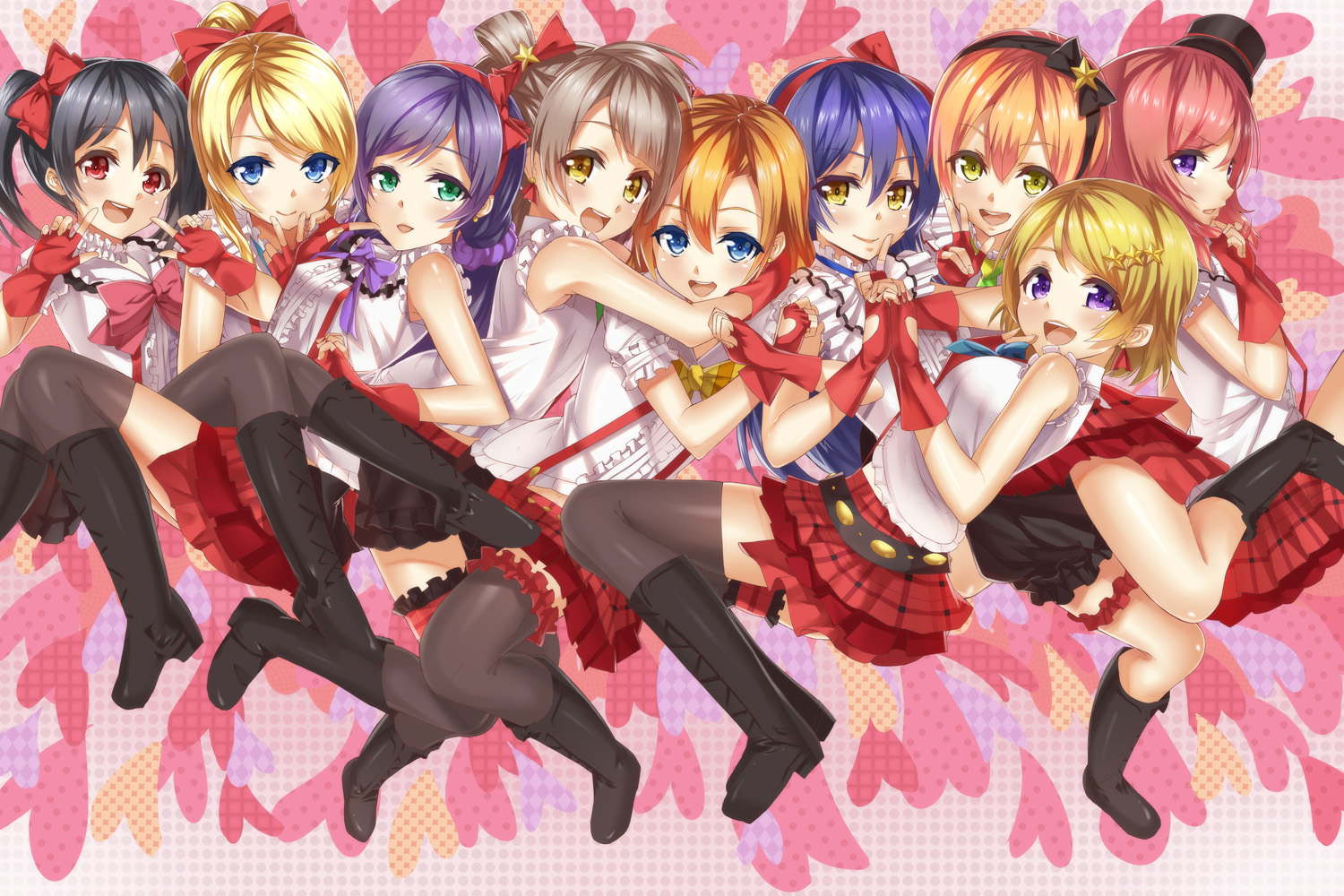 ayase_eri, black_hair, blonde_hair, blue_eyes, blue_hair, blush, boots, bow, brown_hair, erect_nipples, gloves, green_eyes, group, hat, headband, heirou, hoshizora_rin, koizumi_hanayo, kousaka_honoka, love_live!_school_idol_project, minami_kotori, nishikino_maki, pink_hair, ponytail, purple_eyes, purple_hair, red_eyes, short_hair, skirt, sonoda_umi, stars, tagme, thighhighs, toujou_nozomi, twintails, uniform, yazawa_nico, yellow_eyes