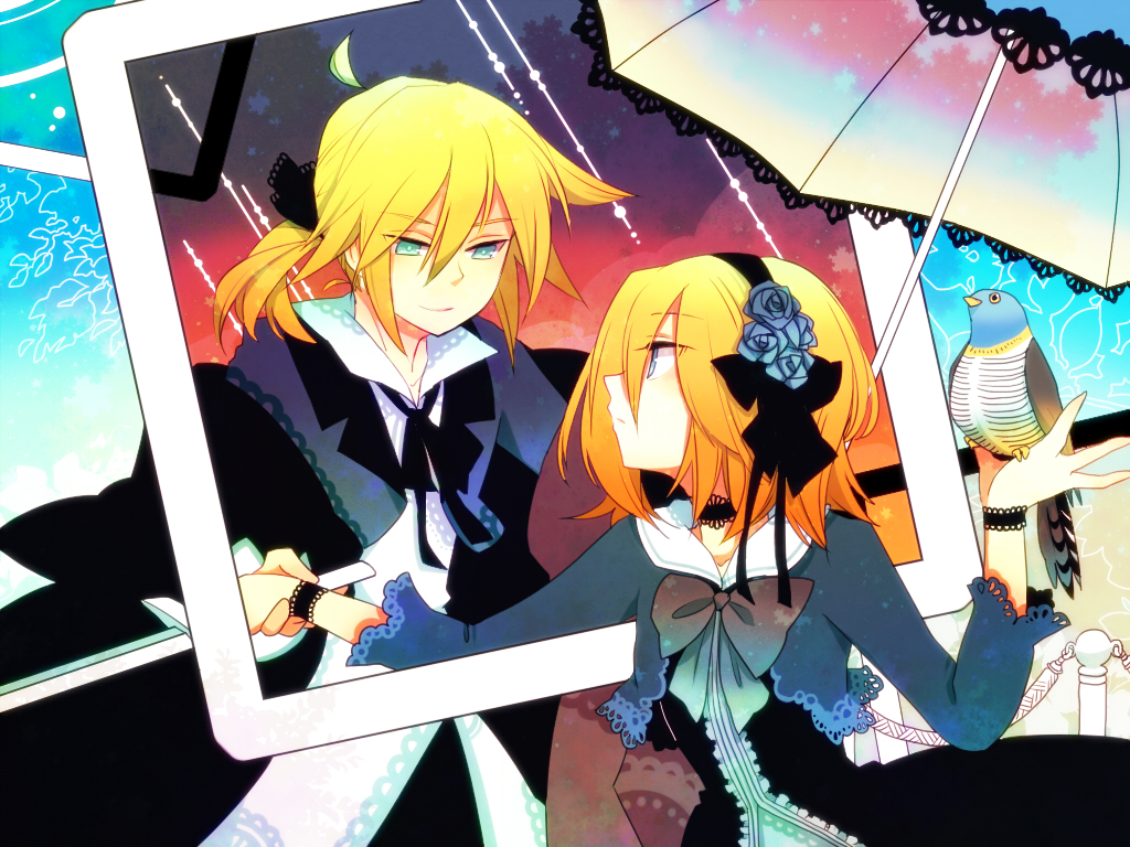 animal, bird, dress, kagamine_len, kagamine_rin, male, rokuroku, umbrella