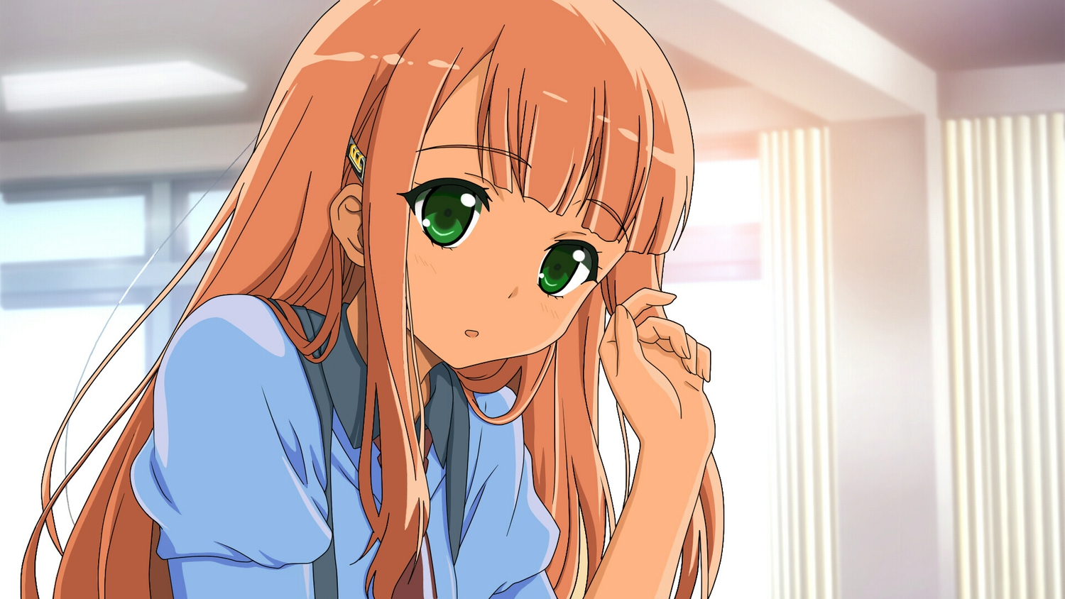 aorio, blonde_hair, close, green_eyes, long_hair, school_uniform, vector, yamabuki_rio
