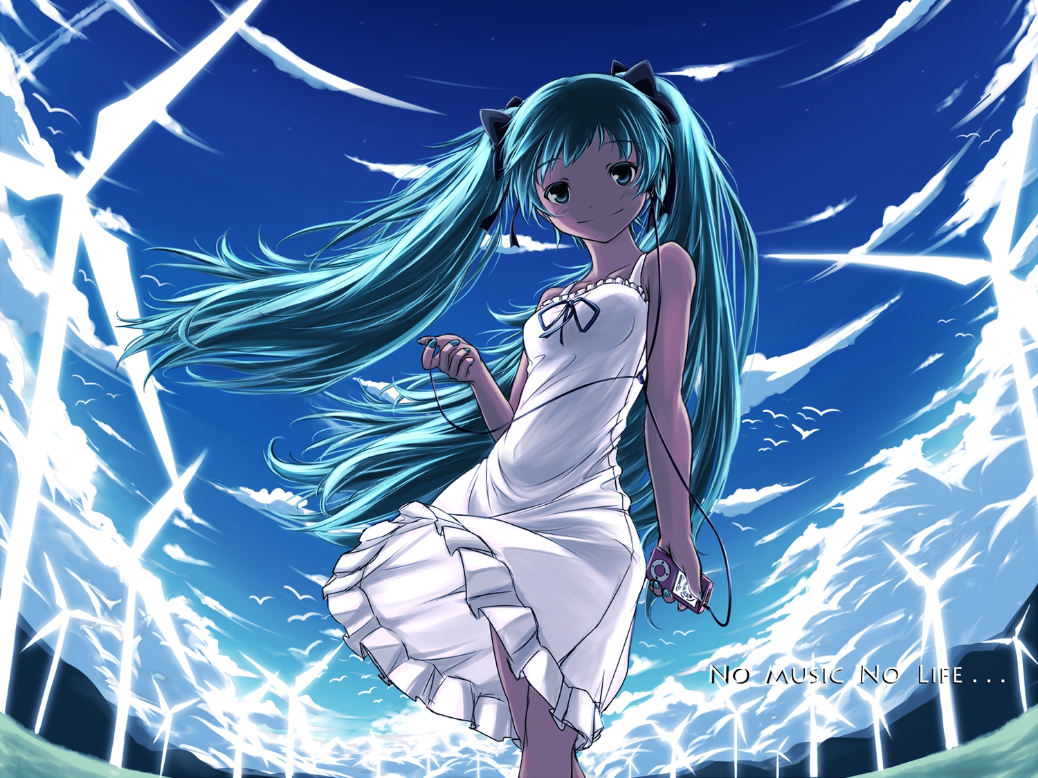 animal, aqua_eyes, aqua_hair, bird, dress, hatsune_miku, hokuchin, ribbons, sky, twintails, vocaloid