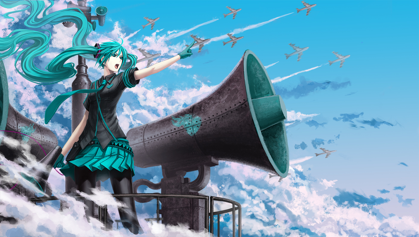 aircraft, aqua_eyes, aqua_hair, clouds, gloves, hatsune_miku, infukun, koi_wa_sensou_(vocaloid)