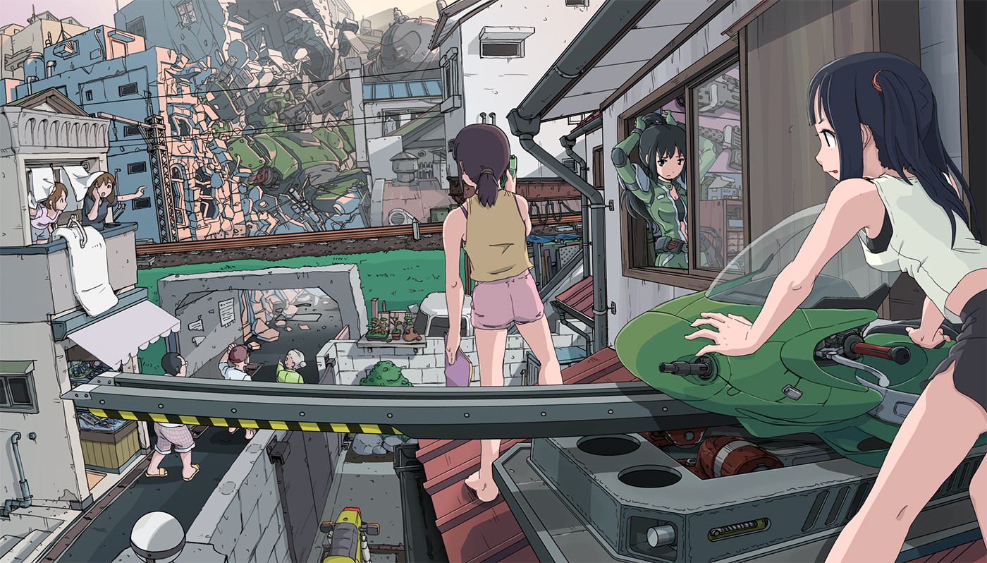 book, building, city, group, mecha, original, shorts, sukabu
