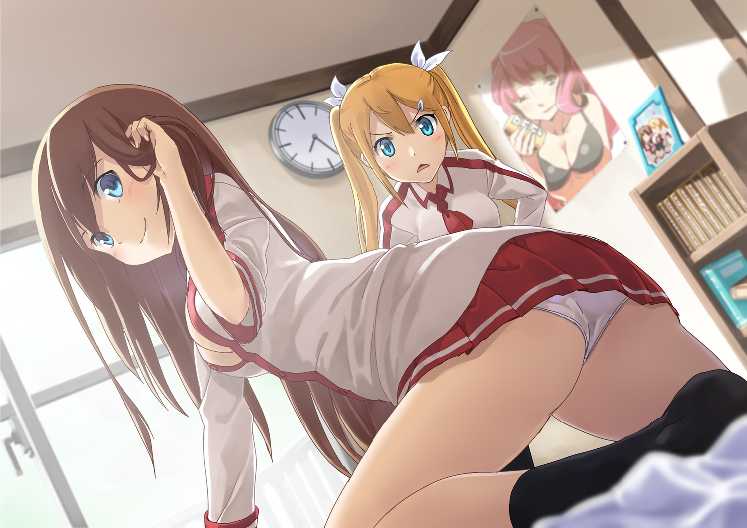 2girls, blonde_hair, blue_eyes, blush, breasts, brown_hair, cleavage, kneehighs, long_hair, original, panties, school_uniform, tokumaro, twintails, underwear