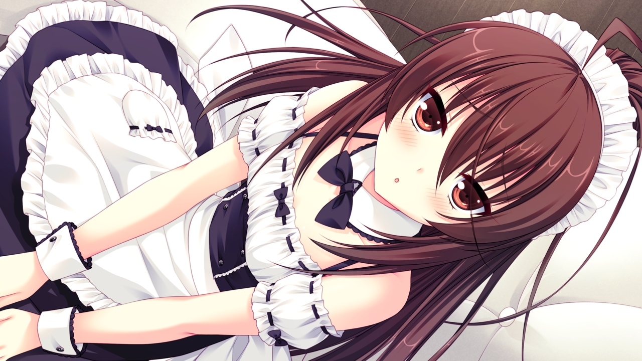 blush, brown_eyes, brown_hair, collar, dress, game_cg, headdress, long_hair, love-ressive, maid, ribbons, sayori, takaha_ryou
