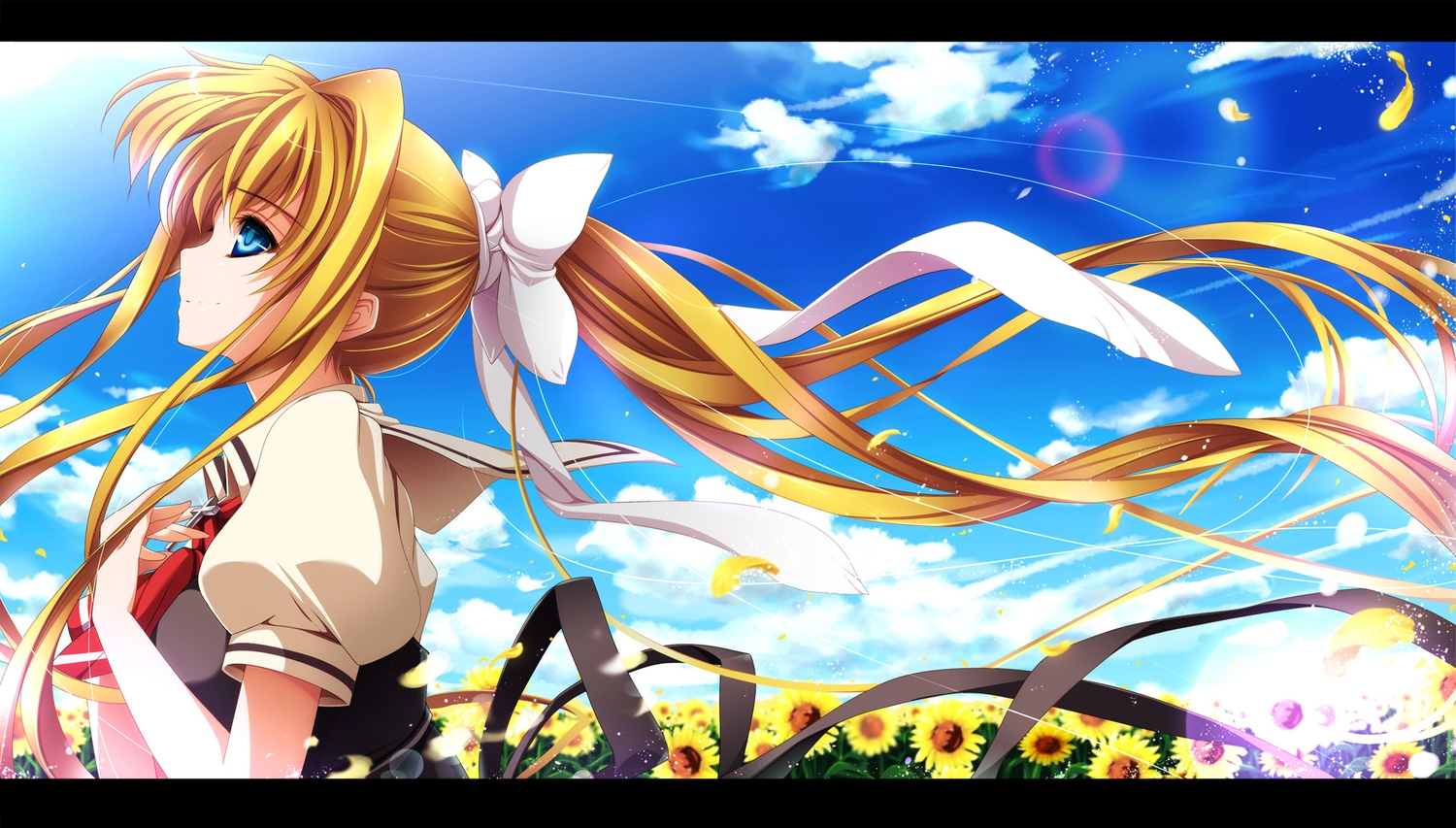 air, blonde_hair, blue_eyes, clouds, flowers, kamio_misuzu, moneti_(daifuku), petals