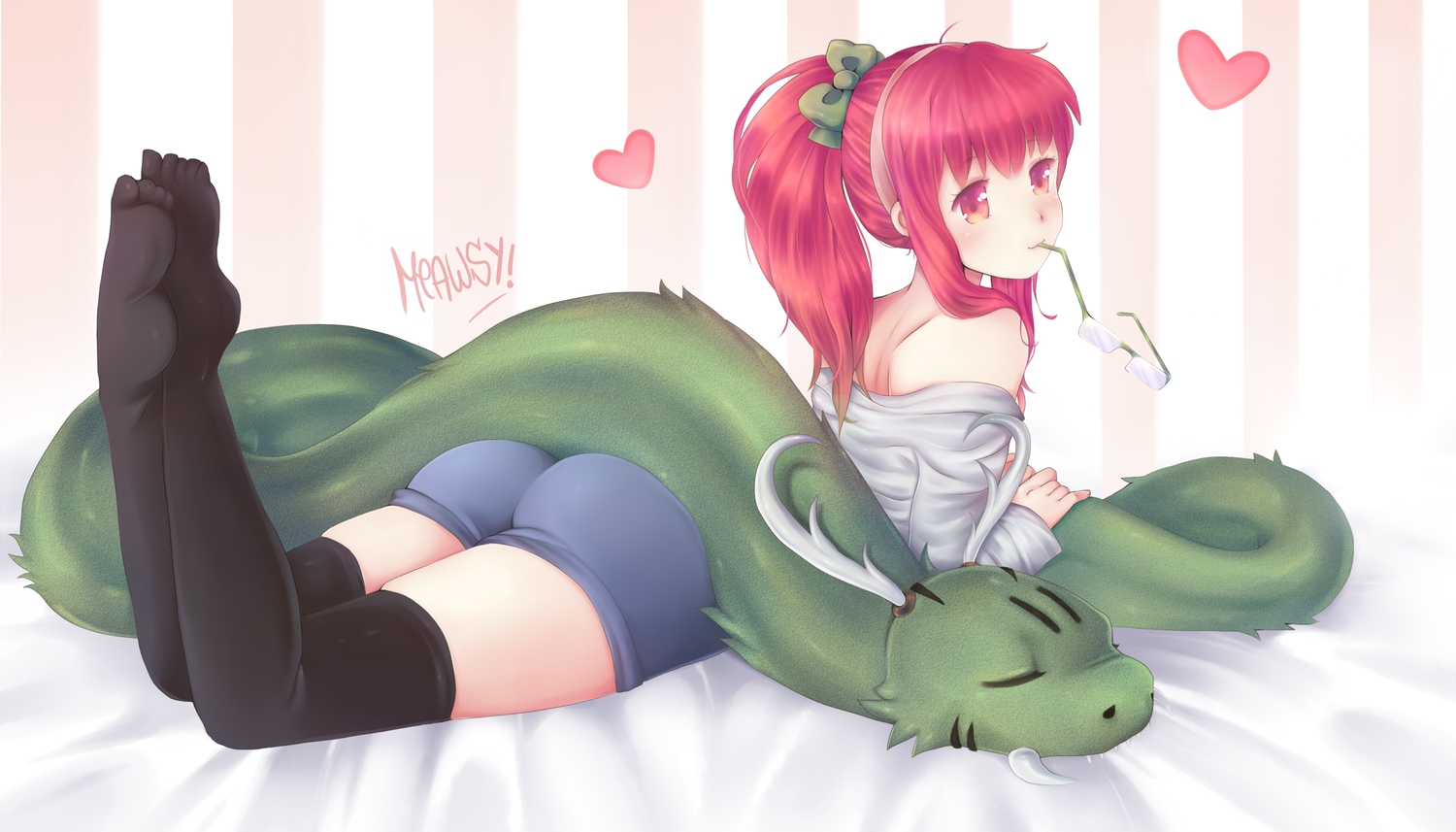 ass, bow, dragon, glasses, meawsy, red_eyes, red_hair, thighhighs