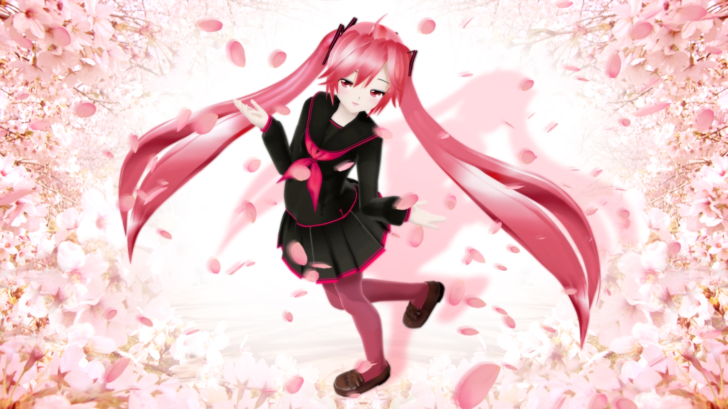 3d, ektyr_y, hatsune_miku, long_hair, petals, pink_eyes, pink_hair, sakura_miku