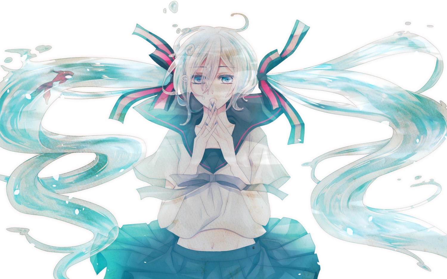 animal, bottle_miku, bubbles, fish, hatsune_miku, mizuyu, school_uniform, twintails