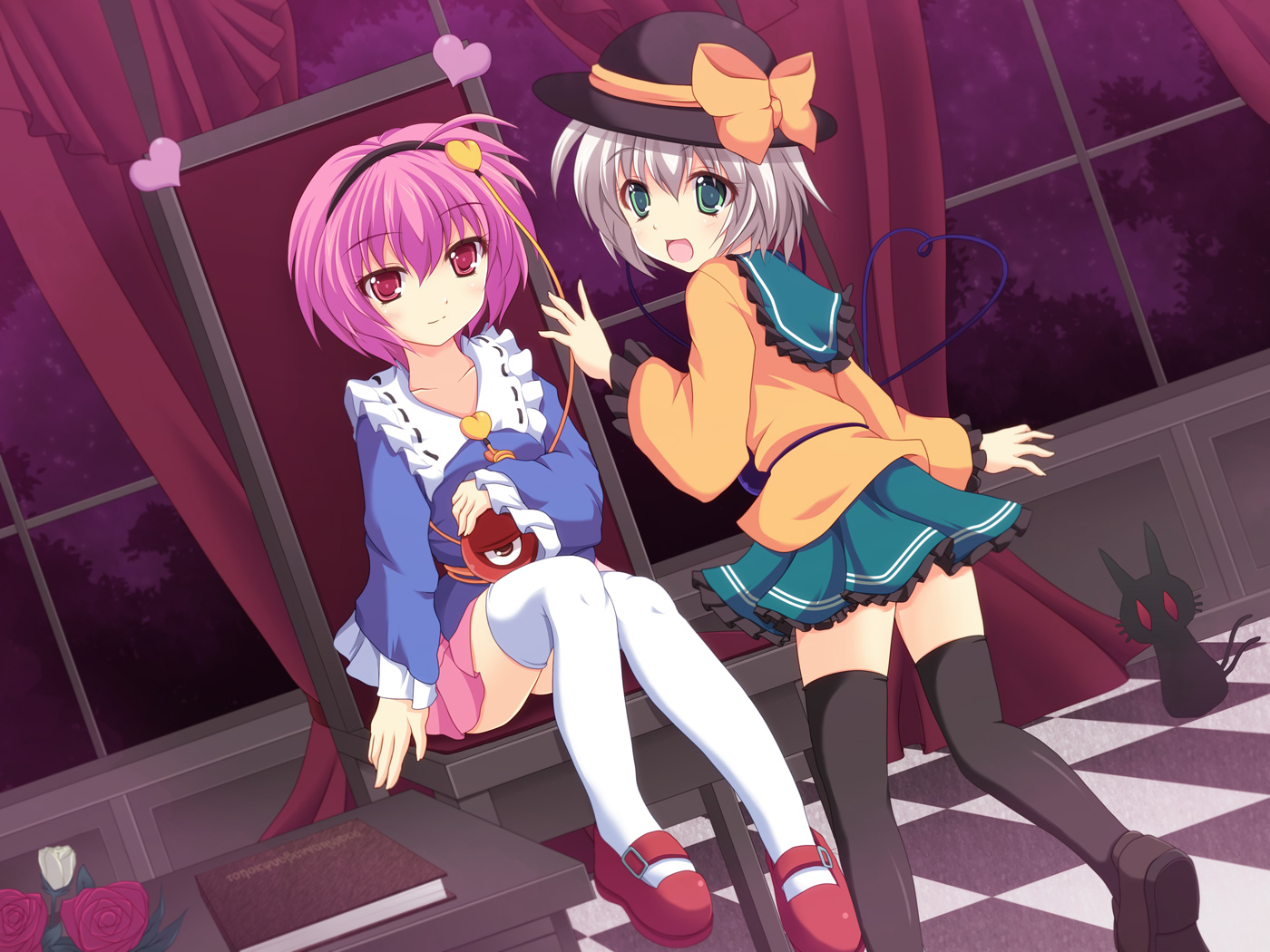 2girls, animal, blue_eyes, book, cat, cross_(crossryou), flowers, hat